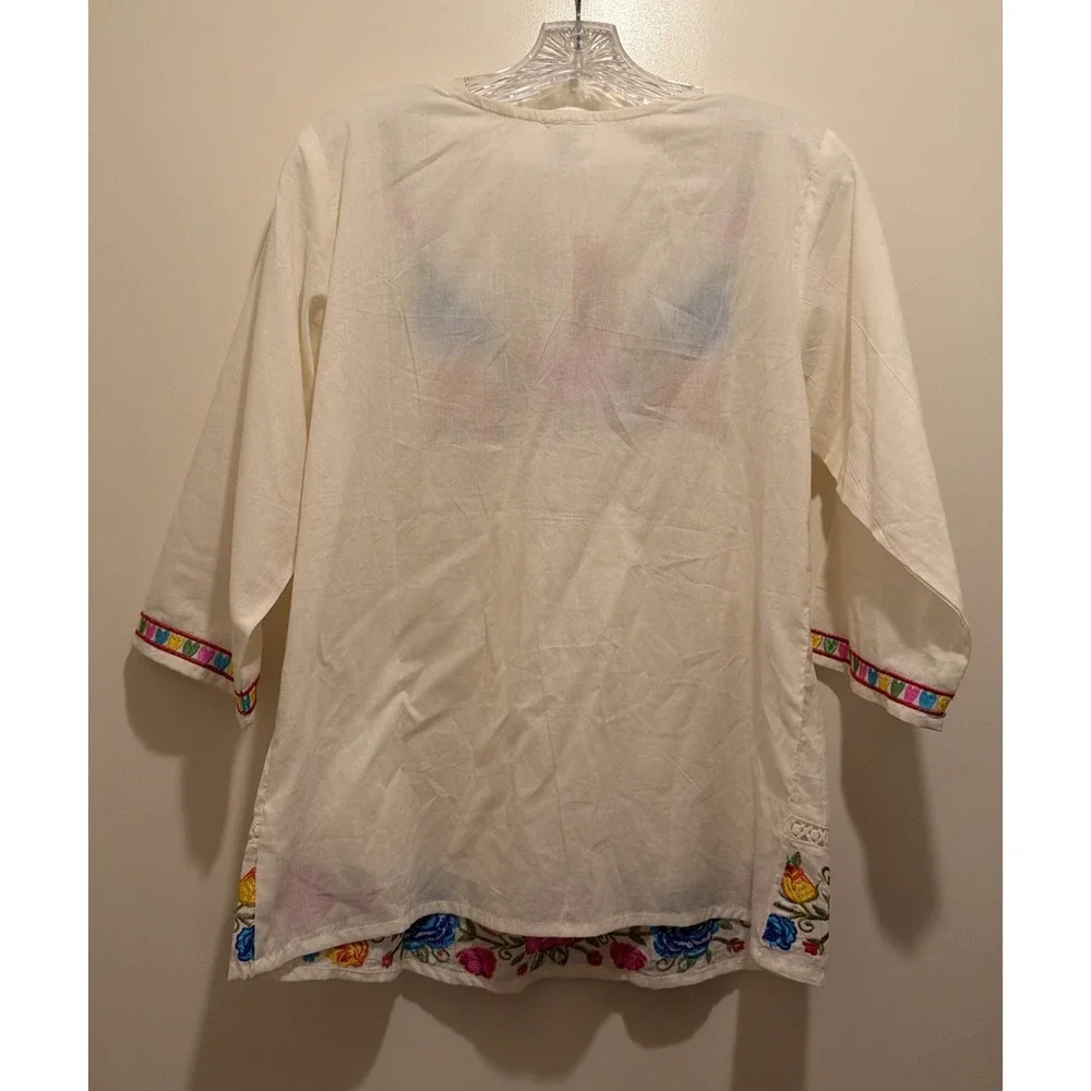 Durga Women's Top Heavily Embroidered Floral Shirt Vibrant Multicolor Med White